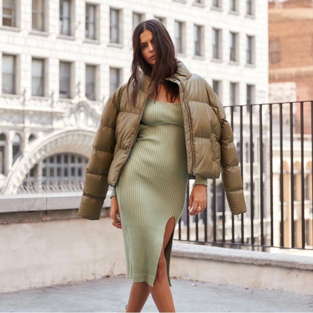 12th tribe. SUMMIT OLIVE VEGAN LEATHER PUFFER JACKET. Size L. NEW +TAGS.